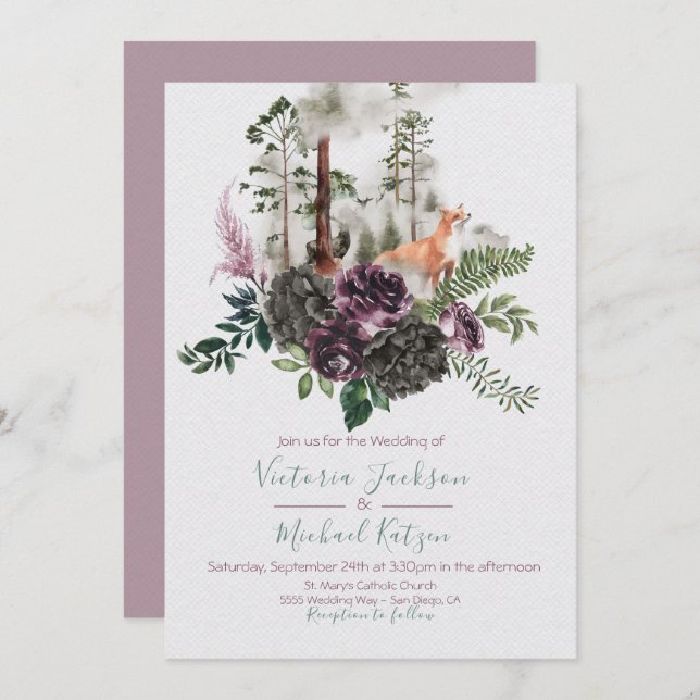 Woodland Watercolor Fox Forest Wedding invitations (Front/Back)