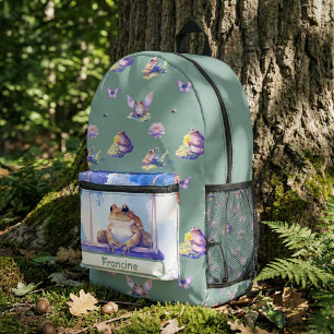 Woodland Watercolor Frog on a Swing School Printed Backpack
