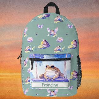 Woodland Watercolor Frog on a Swing School Printed Backpack
