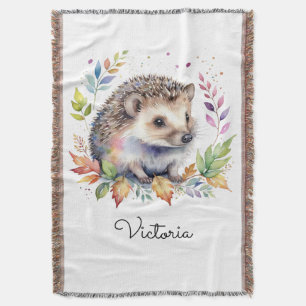 Woodland Watercolor Hedgehog Cute Custom Name Throw Blanket