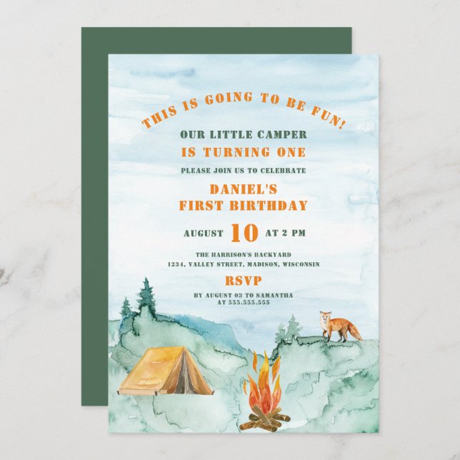 Woodland Watercolor Little Camper First Birthday Invitation (Front/Back)