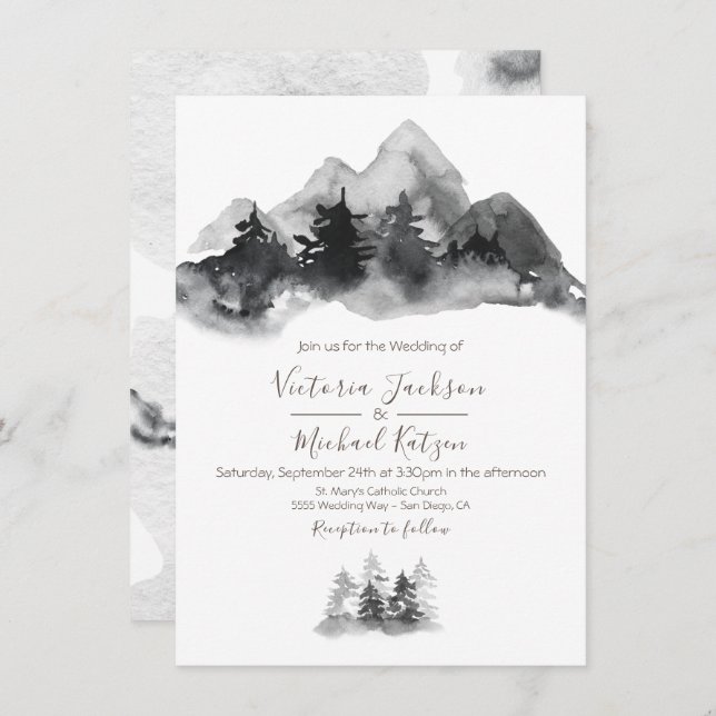 Woodland Watercolor Mountain Wedding Invitation (Front/Back)