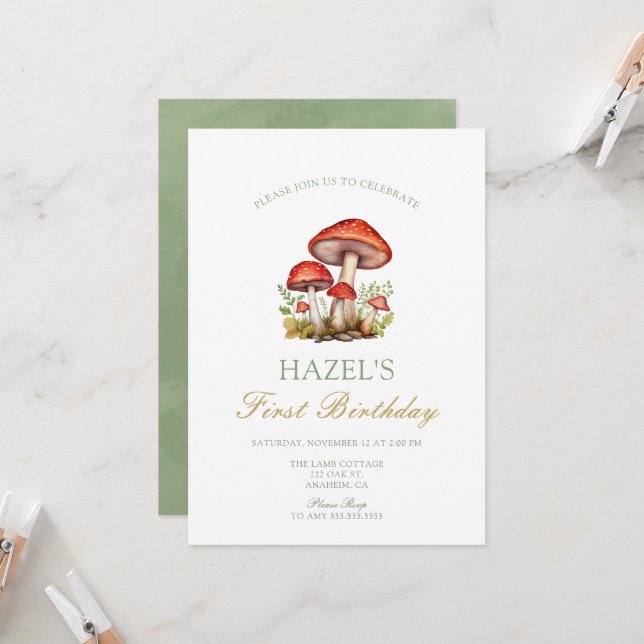 Woodland Watercolor Mushroom Autumn 1st birthday Invitation (Front/Back In Situ)