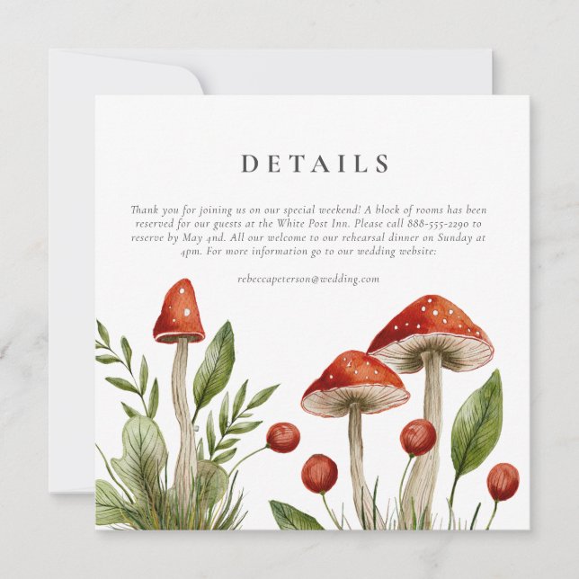 Woodland Watercolor Mushroom Wedding Details Card (Front)
