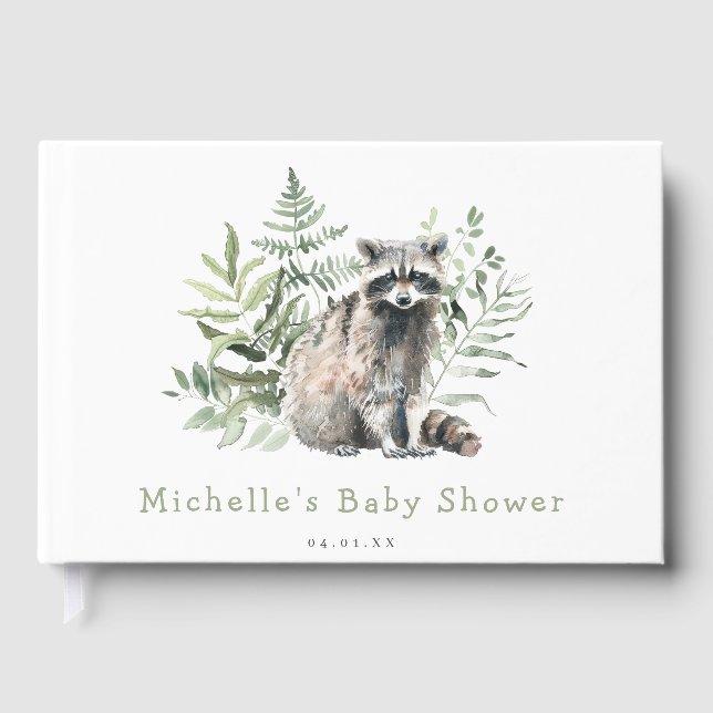 Woodland Watercolor Racoon Baby Shower Guest Book (Front)