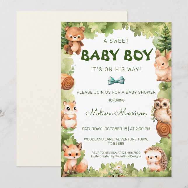 Woodland Watercolor Rustic Sweet Baby Boy Shower Invitation (Front/Back)
