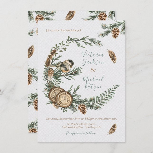 Woodland Watercolor rustic wreath Wedding Invitation (Front/Back)