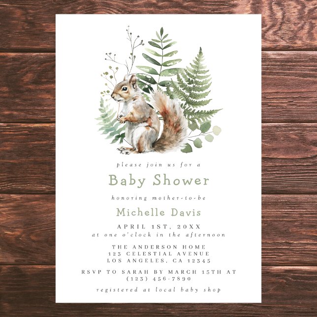 Woodland Watercolor Squirrel Baby Shower Invitation (Creator Uploaded)