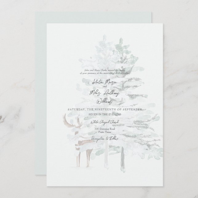 Woodland Watercolor Trees & Deer Wedding Invitation (Front/Back)