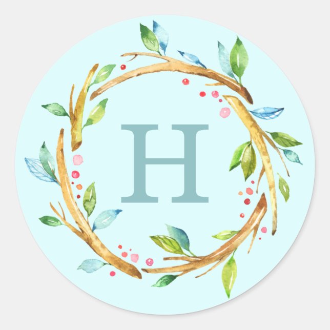 Woodland Watercolor Wreath | Custom Monogram Classic Round Sticker (Front)