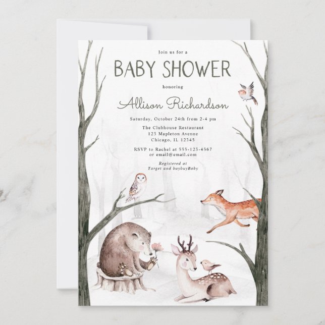 Woodland watercolors gender neutral baby shower invitation (Front)