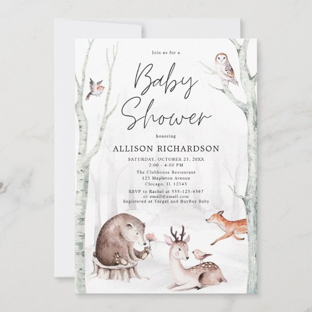 Woodland watercolors gender neutral baby shower invitation (Front)