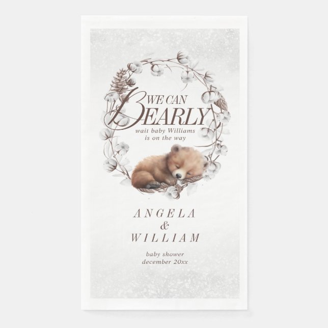 Woodland We Can Bearly Wait Winter Baby Shower Napkin (Front)