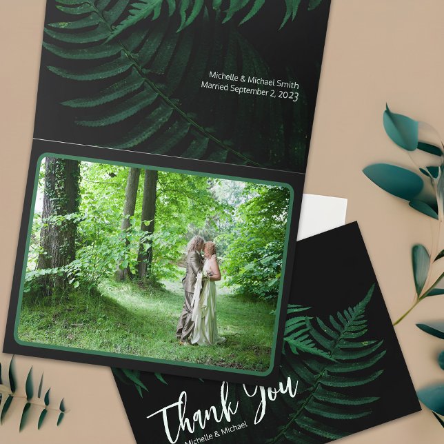 Woodland Wedding Green Forest Fern Nature Photo Thank You Card (Woodland fern wedding photo thank you note cards, elegant black and green botanical)
