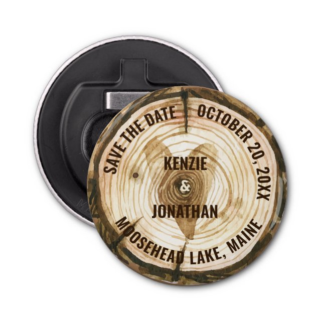 Woodland Wedding Save the Date Tree Ring Heart Bottle Opener (Front)