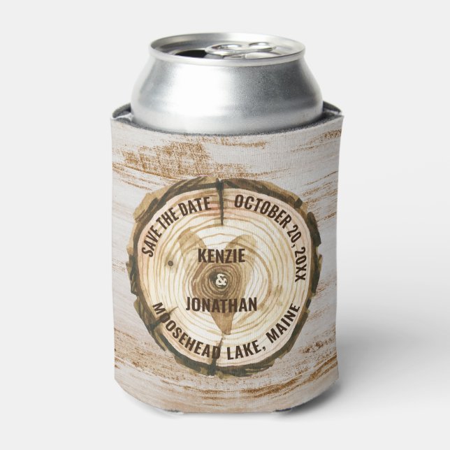 Woodland Wedding Save the Date Tree Ring Heart Can Cooler (Can Front)
