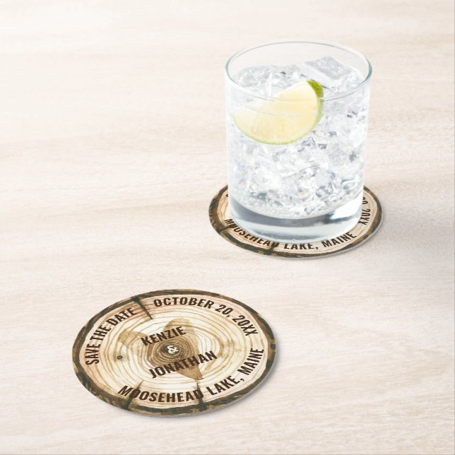 Woodland Wedding Save the Date Tree Ring Heart Round Paper Coaster (Insitu)