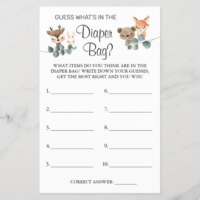 Woodland What is in the diaper bag game card (Front)