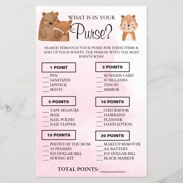 Woodland What is in your purse Shower game card (Front)
