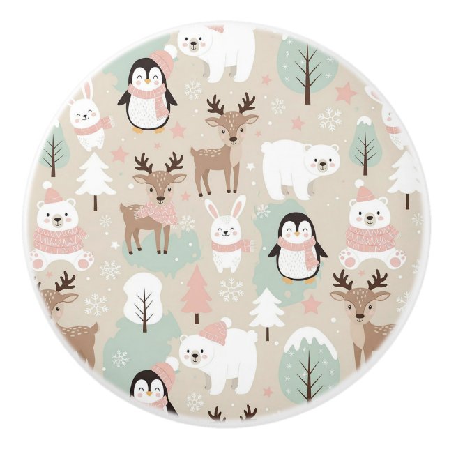 Woodland Whimsical Forest Animals Winter Ceramic Knob (Front)