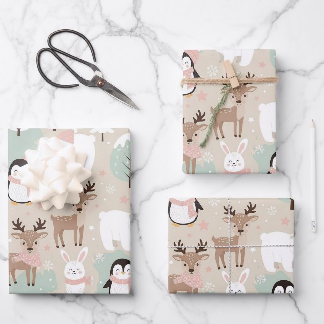 Woodland Whimsical Forest Animals Winter Wrapping Paper Sheet (Front)
