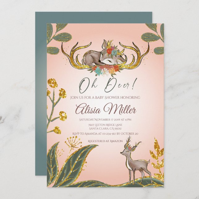 Woodland Whimsical Greenery Forest Animals Deer  Invitation (Front/Back)
