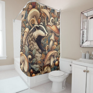 Woodland whimsical mushrooms badger natural colour shower curtain