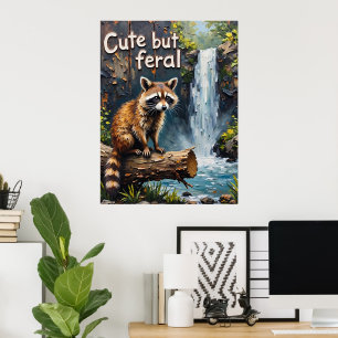 Woodland Whimsy: Raccoon by the Falls Poster