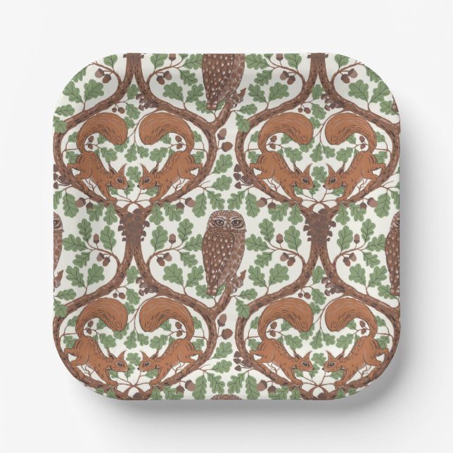 Woodland Whispers/Owls and Squirrels in the Oak/mo Paper Plate (Front)
