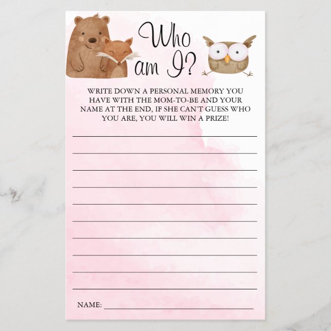 Woodland Who am I Baby shower game card (Front)