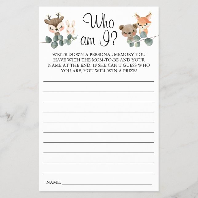Woodland Who am I Baby Shower game card (Front)