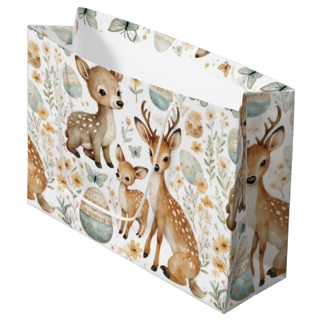 Woodland Wild Animals Deer Baby Fawn Spring Easter Large Gift Bag (Front Angled)