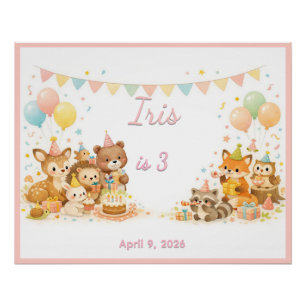 Woodland Wild Animals Forest Party Pastel Pink Poster