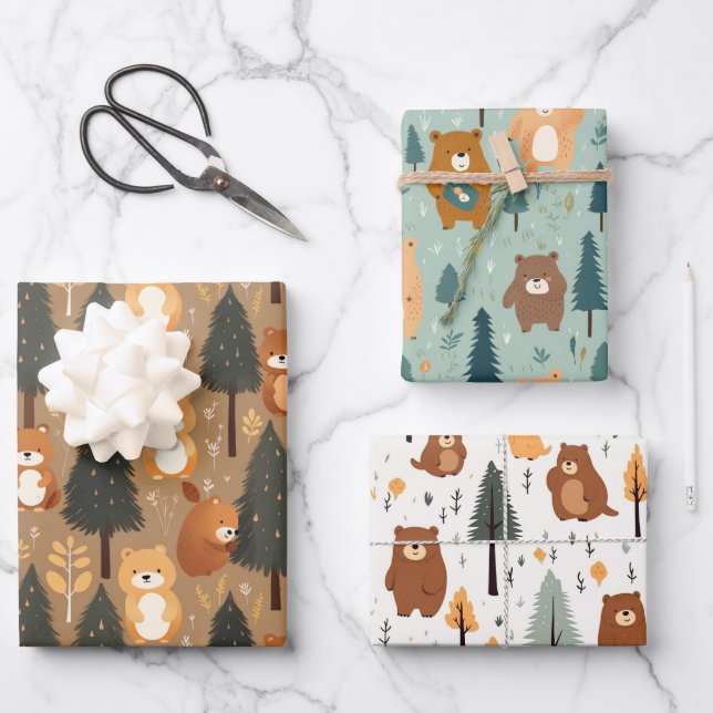 Woodland Wild Bears Wrapping Paper Sheet (Front)