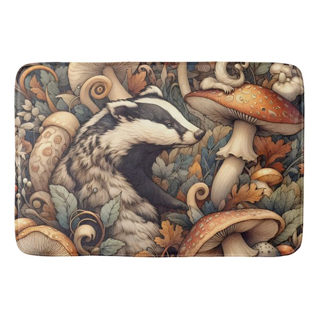 Woodland Wild Mushrooms Badger Rustic Natural  Bath Mat (Front)