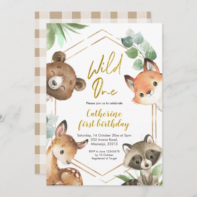 Woodland Wild One Birthday Invitation (Front/Back)