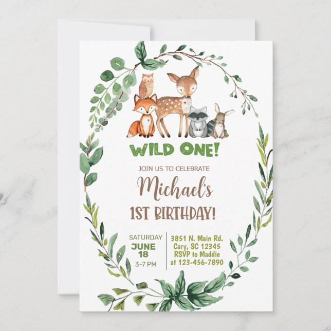 Woodland Wild One boy 1st birthday invitation. Invitation (Front)