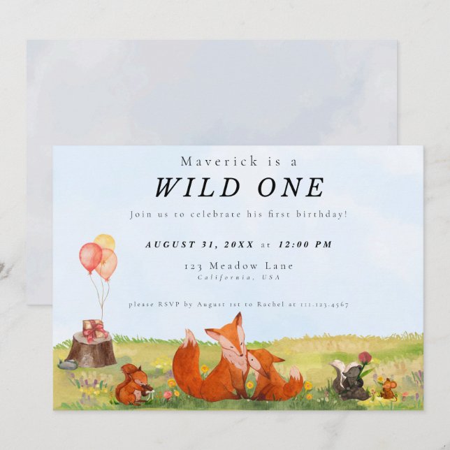 Woodland Wild One First Birthday Invitation  (Front/Back)