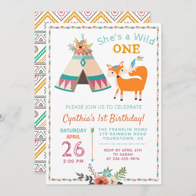 Woodland Wild One Fox Boho Girl 1st Birthday Invitation (Front/Back)