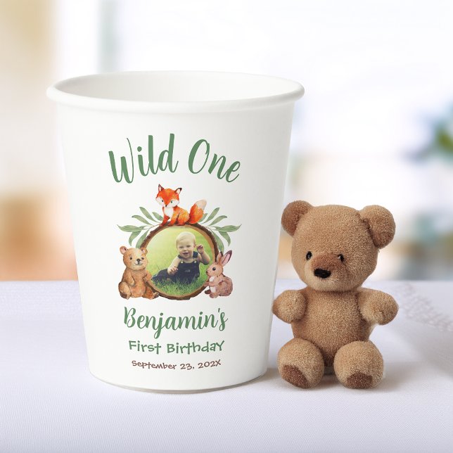 Woodland Wild One Photo Animal Watercolor Birthday Paper Cups (Creator Uploaded)