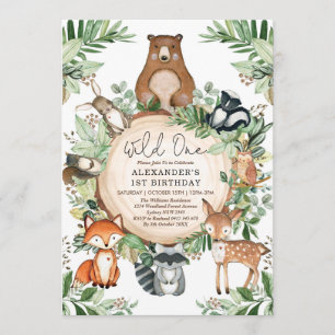 Woodland Wild One Rustic Greenery Animals Birthday Invitation