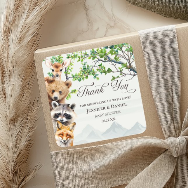 Woodland Wildlife Baby Shower Thank You Favor Square Sticker (Creator Uploaded)