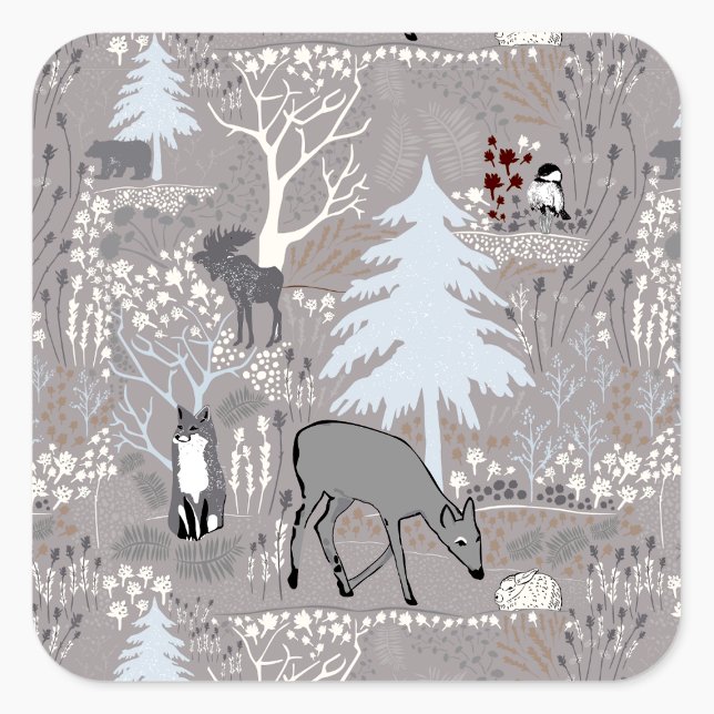 Woodland Wildlife Deer Fox Moose Square Sticker (Woodland Wildlife Deer Fox Moose Square Sticker by Jenn Steffen Art)