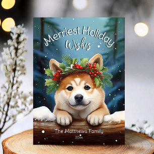 Woodland Winter Akita Dog Merriest Wishes Holiday Card