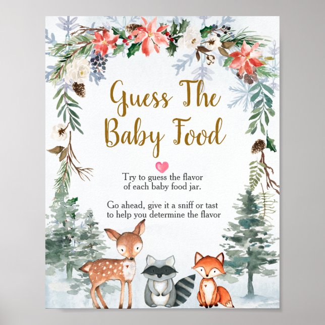 Woodland Winter Animals Forest Guess the Baby Food Poster (Front)