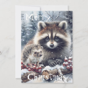 Woodland Winter Hedgehog Raccoon Christmas Holiday Card