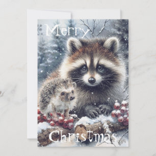 Woodland Winter Hedgehog Raccoon Christmas Holiday Card