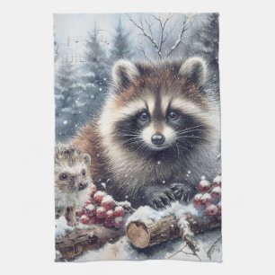 Woodland Winter Hedgehog Raccoon Christmas Tea Towel