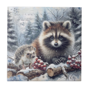 Woodland Winter Hedgehog Raccoon Christmas Tile