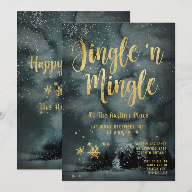 Woodland Winter Jingle Mingle Gold Holiday Party Invitation (Front/Back)